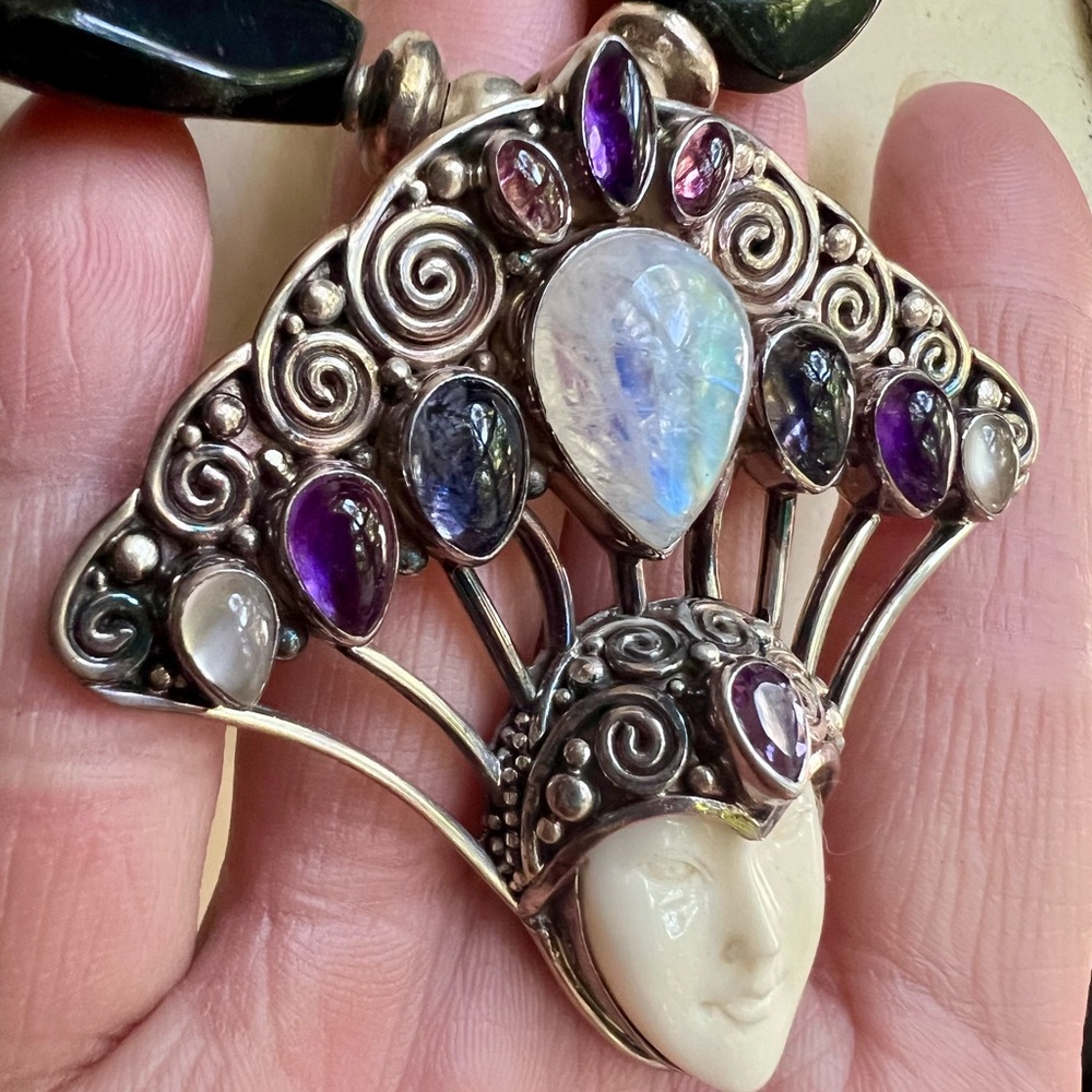 Ornate Goddess Real Silver Amethyst and Moonstone Bib Necklace - Picture 3 of 9